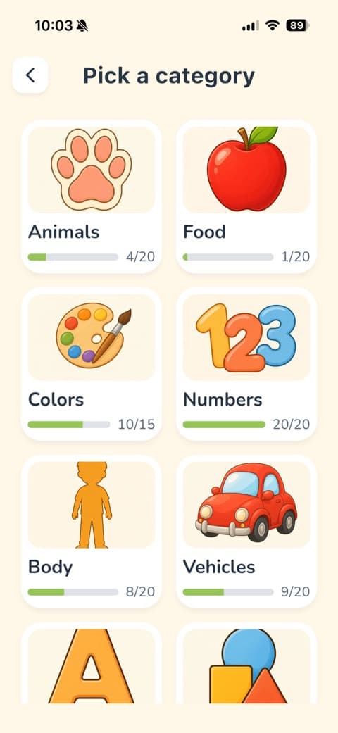 Choosing a word category in LingoSprout
