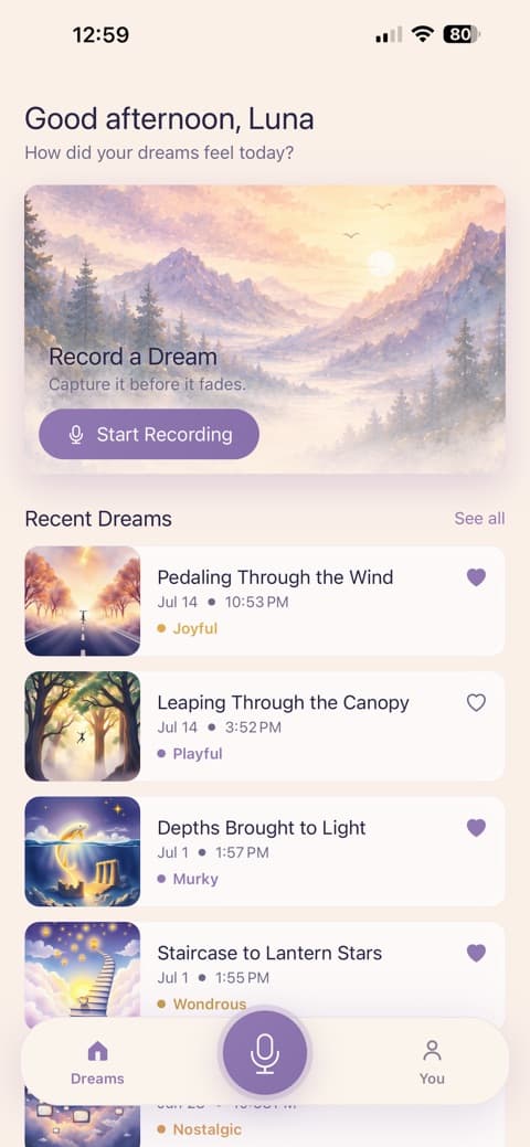 My Dreams home screen with recent dreams